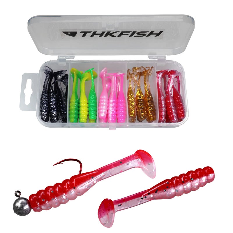 THKFISH طعم سمك THKFISH 30 قطعة بذيل مجداف 2 بوصة بلاستيك ناعم ثنائي اللون لصيد السمك طعم السباحة لسمك الكرابي والبايس والتروت بألوان مختلطة - Image 5